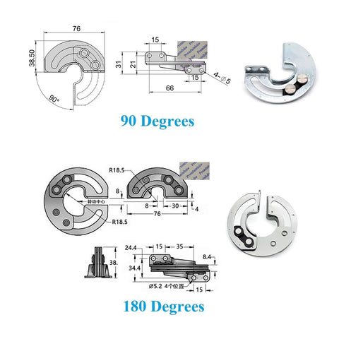 Four Pack Half Round Concealed Slide Lid Hinges With 90 And 180 Degree Opening, diagram and side view