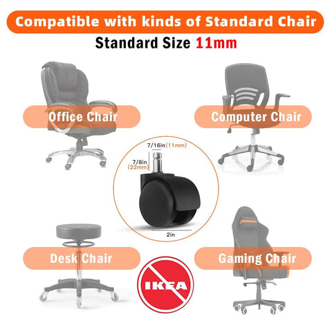 2 Inch Chair Caster Wheel Set Of 5 Heavy Duty Replacement Wheels For Office Chairs Quiet Glide On Hardwood Floors And Carpets Easy Roll No Squeaks Up To 1000 Lbs Per Chair Capacity