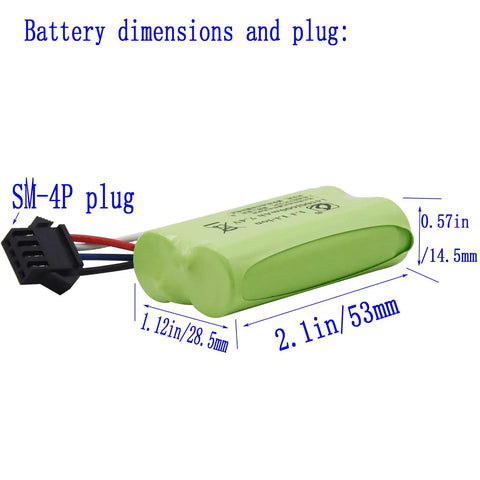 Two Pack 7.4V 2S 600mAh Li Ion Rechargeable Battery With SM-4P Plug And Charger Cable For Water Bead Blasters And DE85 RC Cars JF-71A Compatible, shown with dimensions
