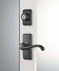 Storm Door Lever With Keyed Deadbolt Lock In Matte Black 4 Piece Replacement Set For Storm And Screen Doors, side view on white door