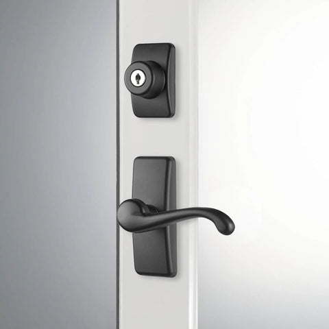 Storm Door Lever With Keyed Deadbolt Lock In Matte Black 4 Piece Replacement Set For Storm And Screen Doors, side view on white door
