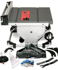 Heavy Duty Compact Table Saw With Patented Skin Contact Safety System and Precision Rack Pinion Fence, accessories displayed.