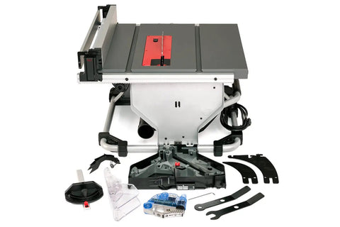 Heavy Duty Compact Table Saw With Patented Skin Contact Safety System and Precision Rack Pinion Fence, accessories displayed.