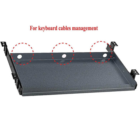 Heavy Duty Under Desk Keyboard Tray Rolling Butter Smooth Ball Bearing Slides And Comfy Wrist Rest Keeps Your Clean Setup Super Organized Gray Finish showing cable management holes.