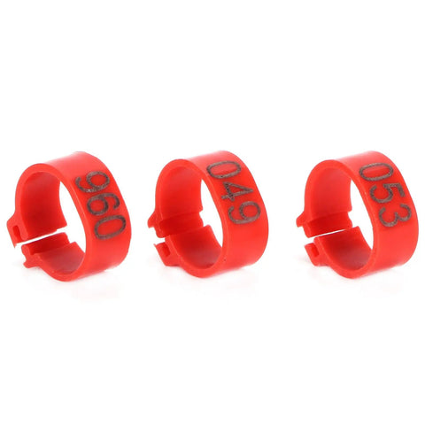 Sturdy As Heck Plastic Clip On Poultry Leg Bands 100 Pack For Birds Identification Bright Color Leg Rings in red with numbers 960, 049, 053