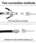 Pro Grade Grease Needle Attachment Set with leakproof double connection design showing two connection methods