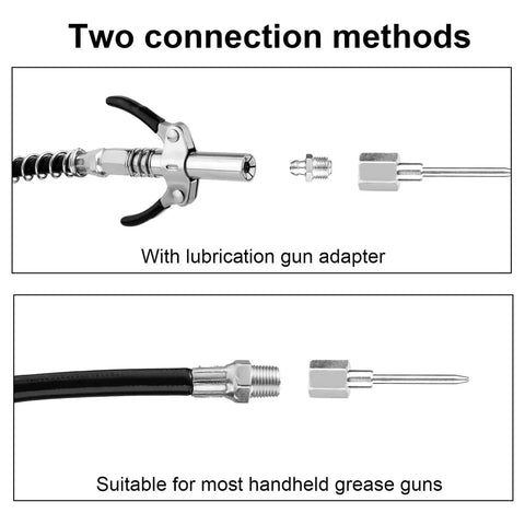Pro Grade Grease Needle Attachment Set with leakproof double connection design showing two connection methods