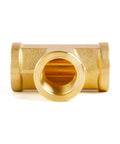 Brass Tee Pipe Fitting 1/4-Inch X 1/4-Inch X 1/4-Inch NPT Female Thread Adapter Six Pack For Water And Air DIY Plumbing, Durable, Corrosion Resistant, Easy Tight Seals. brass tee fitting front view
