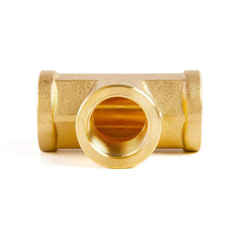 Brass Tee Pipe Fitting 1/4-Inch X 1/4-Inch X 1/4-Inch NPT Female Thread Adapter Six Pack For Water And Air DIY Plumbing, Durable, Corrosion Resistant, Easy Tight Seals. brass tee fitting front view