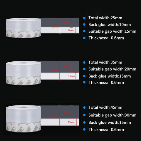 Three TAROSE weather-stripping tape rolls in 25/35/45mm widths; transparent adhesive silicone for doors and windows.
