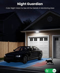 Solar Powered Outdoor Security Camera with color night vision monitoring a driveway at night, showing a car and cat.