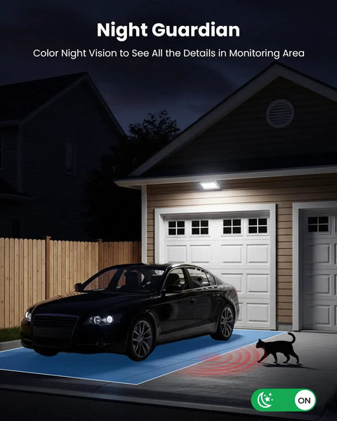 Solar Powered Outdoor Security Camera with color night vision monitoring a driveway at night, showing a car and cat.