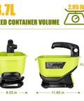 Side and front view of 18V Battery Powered Grass Seed And Salt Spreader For Ryobi Tools with 3.7L hopper dimensions.
