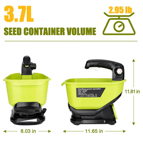 Side and front view of 18V Battery Powered Grass Seed And Salt Spreader For Ryobi Tools with 3.7L hopper dimensions.