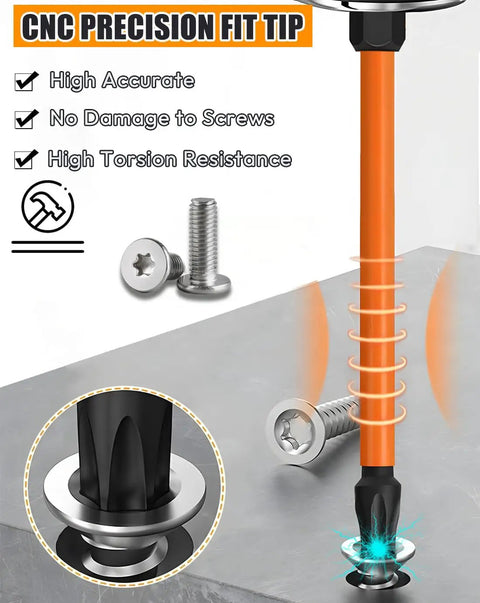 CNC precision fit tip of 13-Piece Torx Bit Set For Impact Driver S2 Steel Magnetic Bits with quarter inch hex shank.