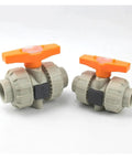 Double True Union Ball Valve 20 To 50 Millimeter Industrial Water Pipe Fitting straight up with orange handles for plumbing use.