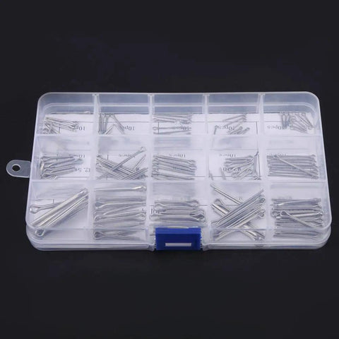 Heavy Duty Split Cotter Pin Kit 150 Pcs Set Featuring 15 Sizes M1-M3, 304 Stainless Steel Pins in storage box