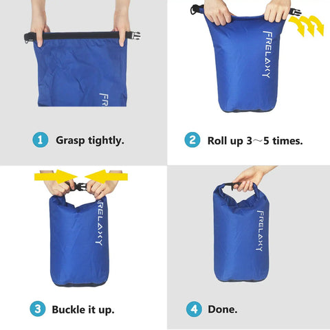 Step-by-step use of Ultralight Dry Bag Set 5 Pack Waterproof Dry Sacks in 3L 5L 10L 15L 20L for hiking, camping, and more.