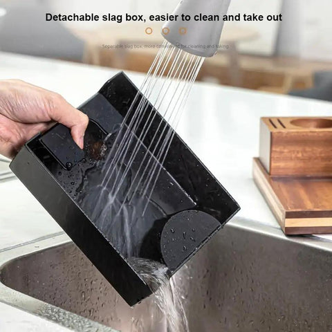 Detachable slag box for espresso cleanup, easy to wash, designed for Hella Durable Premium Sapele Wood Espresso Tamper Station.