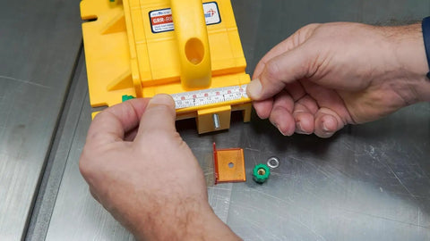 Two Pack 3D Push Block With SafeRip Kit For Table Saws Router Tables Band Saws And Jointers In Yellow And Green during setup.