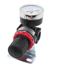 Pneumatic Air Regulator With Bracket And Gauge Quarter Inch NPT Female Thread 0 To 145 PSI Adjustable For Your Shop Air Compressors Keeps Pressure Steady Includes 2 Brass Fittings And Teflon Tape Aluminum And Plastic Build, side angle view showing gauge and black knob on aluminum bracket.