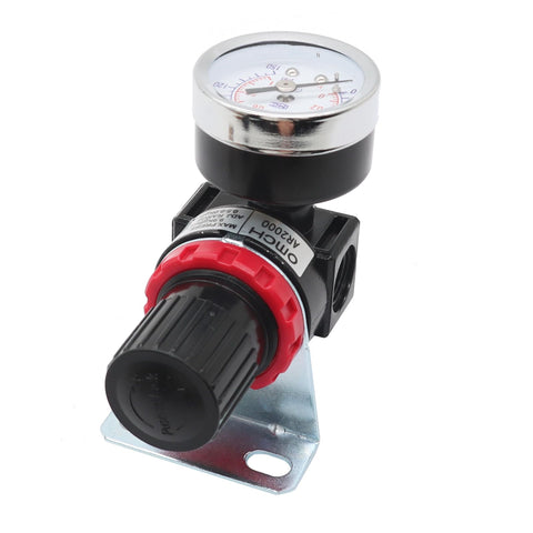 Pneumatic Air Regulator With Bracket And Gauge Quarter Inch NPT Female Thread 0 To 145 PSI Adjustable For Your Shop Air Compressors Keeps Pressure Steady Includes 2 Brass Fittings And Teflon Tape Aluminum And Plastic Build, side angle view showing gauge and black knob on aluminum bracket.