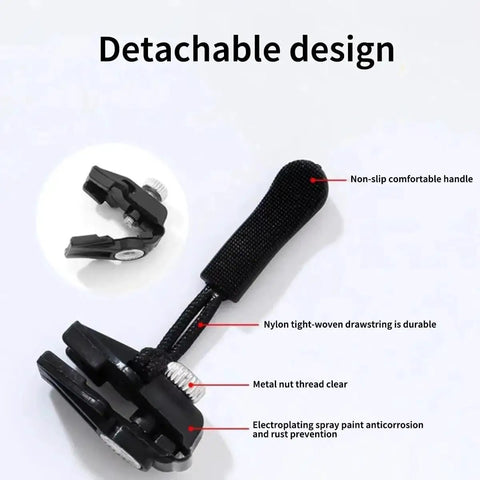 6-Piece Zipper Repair Kit With Removable Heads showing black interchangeable heads and non-slip handle for zippers