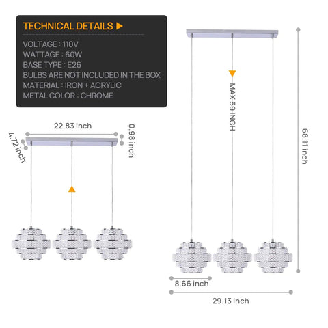 Technical diagram of Modern Pendant Light With Adjustable Height Acrylic Multilayer Lantern Chandelier Hanging Fixture
