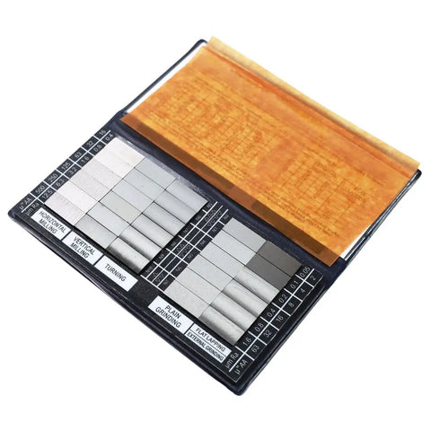 Surface Finish Comparator Set Ra 0.05 to 12.5 Micrometers, 30 hardened steel blocks in open case for tactile roughness checks