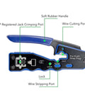 All In One Ethernet Crimping Tool With Pass Through Connectors For Cat5 Through Cat6A with labeled ports and features