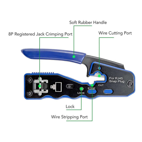 All In One Ethernet Crimping Tool With Pass Through Connectors For Cat5 Through Cat6A with labeled ports and features