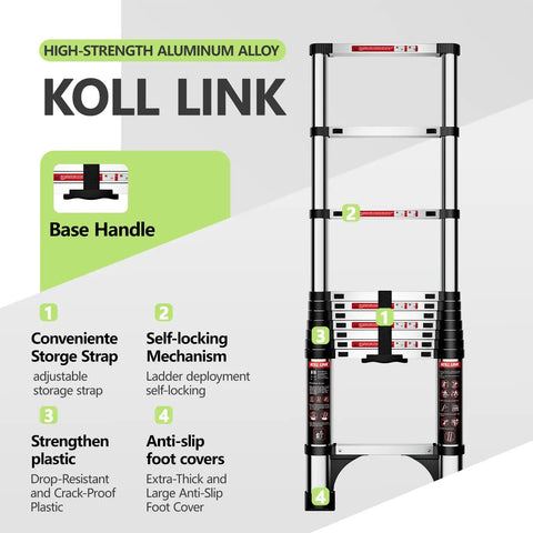 12.5 Ft Telescoping Aluminum Ladder With Dual Triangle Stabilizers, Lightweight Extension Ladder, Heavy Duty 330 Lb Capacity, Beats Wobble Like a Pro From 30 To 10 Degrees, Ideal For Home, Garage, And Roof Access, folded with base handle