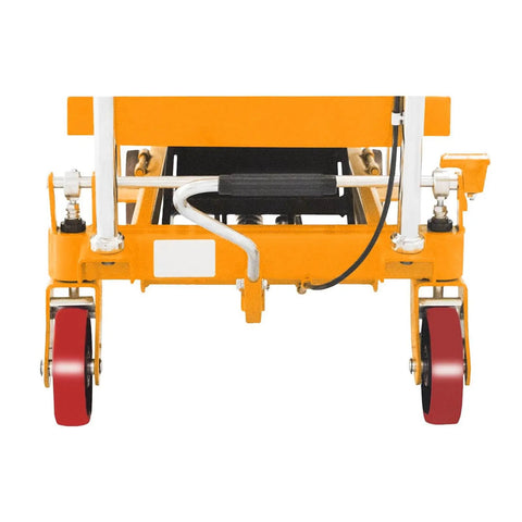 Heavy Duty Hydraulic Lift Table Cart Handles Crushing 1760 Lb Loads For Engine Swaps and Gear Hauling, orange steel frame and red wheels.