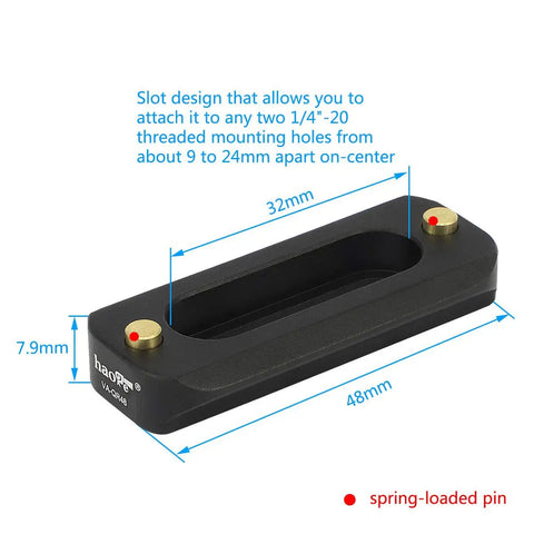 Heavy Duty Quick Release NATO Rail Plate With 1/4 20 Screws, black, measures 48mm x 32mm, features spring-loaded pins.