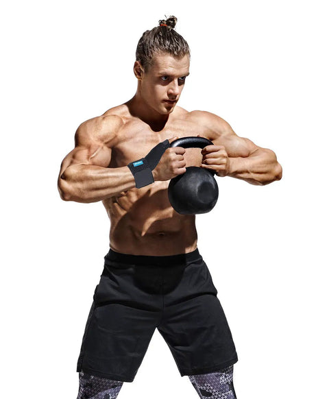Man lifting kettlebell wearing Compression Reversible Thumb And Wrist Stabilizer Splint For Pain Relief Arthritis Tendonitis Carpal Tunnel Sprains And Thumb Strain With Breathable C Cooling Fabric For Skin Friendly Comfort Lightweight All Day Support Available In S And M.