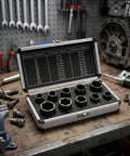 Heavy Duty Steel Bolt Extractor Socket Set 10pc for gnarly rusted and rounded nuts in open case on workbench with tools.