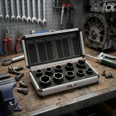 Heavy Duty Steel Bolt Extractor Socket Set 10pc for gnarly rusted and rounded nuts in open case on workbench with tools.