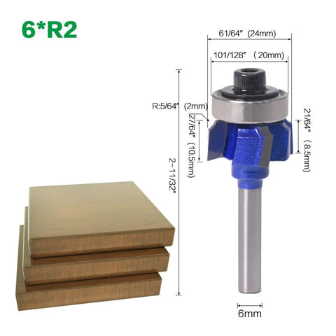 Premium 1 4 Inch Corner Round Router Bit Set With R1 R2 R3 Radius Options For Smooth Wood Edging, 6mm size router bit next to stacked wood pieces.