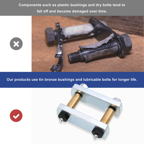 Comparison of worn shackles with Heavy Duty Trailer Shackle Upgrade Kit with 3.125 inch shackles and tin bronze bushings.