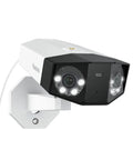Dual-Lens 16MP UHD PoE Security Camera with 180-Degree Panoramic View, F1.6 Color Night Vision, mounted on wall