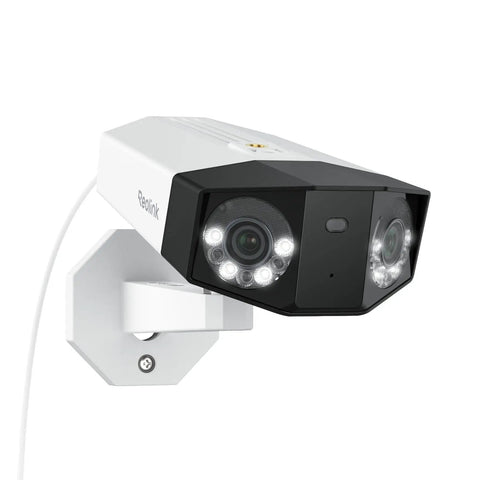 Dual-Lens 16MP UHD PoE Security Camera with 180-Degree Panoramic View, F1.6 Color Night Vision, mounted on wall
