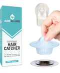 Large Disposable Hair Catcher Strainers For Bathroom Sink And Bathtub Drain 25 Pack White being held above a sink drain.