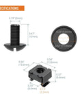 Heavy Duty Rack Mount Screws Kit With Cage Nuts And Washers 50 Pack dimensions showcasing black fasteners and cage nut specifications.