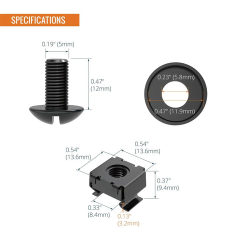Heavy Duty Rack Mount Screws Kit With Cage Nuts And Washers 50 Pack dimensions showcasing black fasteners and cage nut specifications.