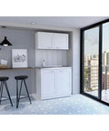 White Two Piece Cabinet Set Knockout Style For Your Digs Tall And Low Units With Countertops Heavy Duty Build Smooth Finish Zero Hassle Setup Bring Fresh Vibe To Any Room Right Now in modern kitchen with bar stools.
