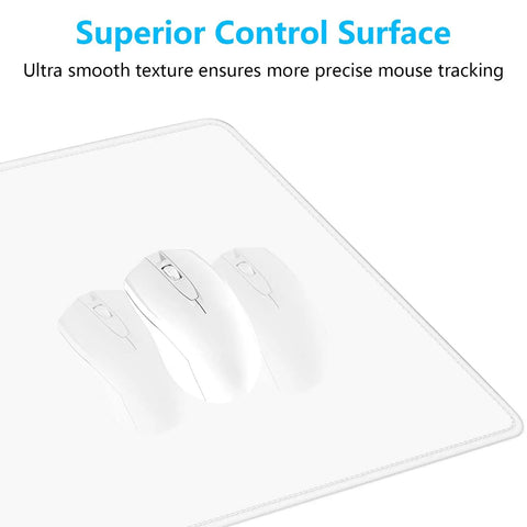 Extended Gaming Mouse Pad XL With Stitched Edges Waterproof Non Slip Desk Mat For Large Keyboard And Laptop Setup 23.6 x 11.8 Inches White smooth surface with mouse graphic.