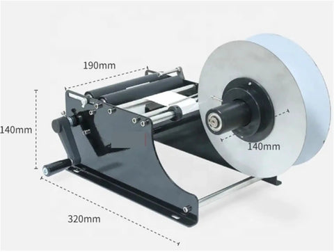 Cool Handheld Semi-Automatic Label Printer For Round Bottles And Jars Easy Manual Tape Dispenser Machine for Small Business Packaging Efficient Sticker Applicator Tool dimensions shown from side view.
