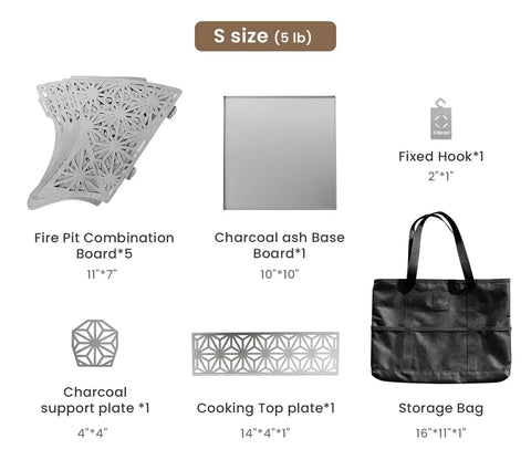 Portable Camping Fire Pit With Grill For Cooking components including five-panel steel boards, charcoal base, and storage bag.