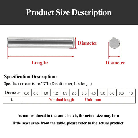 Stainless Steel Dowel Pins 5mm Diameter 5 To 18mm Length 20 Pack Cylindrical Shelf Support Pins specification chart