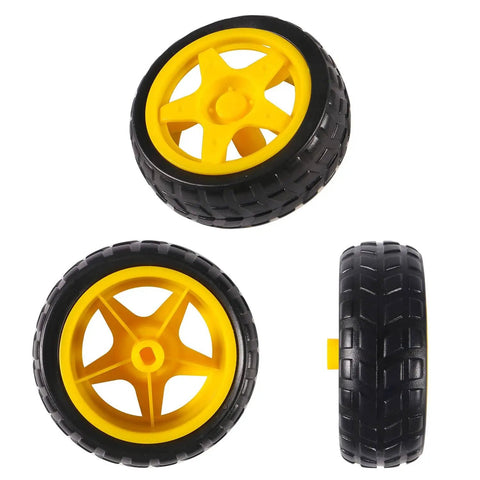 Four Piece Rubber Wheel Set For 1 To 48 Scale Smart Car Robot DIY Kit And RC Cars Chassis Spare Parts With High Torque 800 GF CM At 3V And Precise 65mm Diameter 52mm Inner 27mm Width, showing black rubber tire with yellow hub from side and front view.